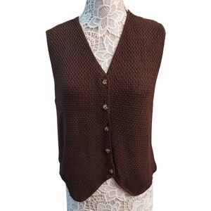 220 HICKORY Vintage Brown Knit Sleeveless Button Down Boho V Neck Vest